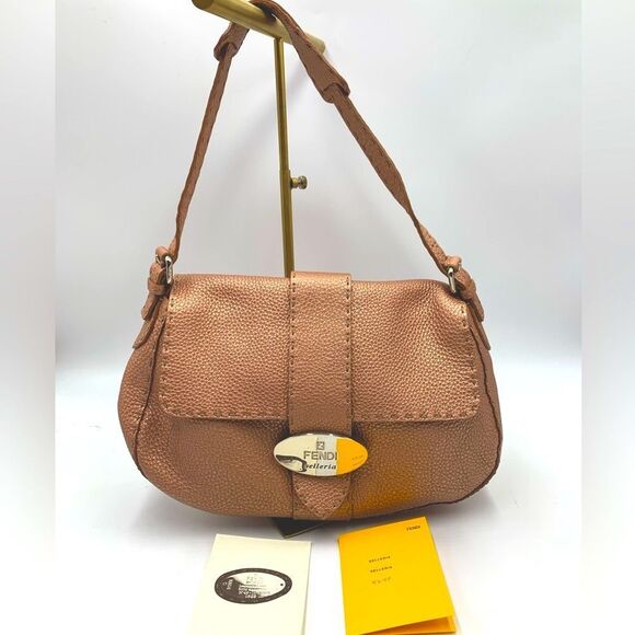 Auth Fendi Selleria Metallic Rose Grained Leather Mamma Baguette Shoulder Bag - Picture 7 of 17